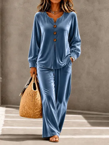 Women Velvet Casual Top And Bottom Two Piece Set V Neck Button Long Sleeve Shirt With Wide Leg Pants Lounge Wear