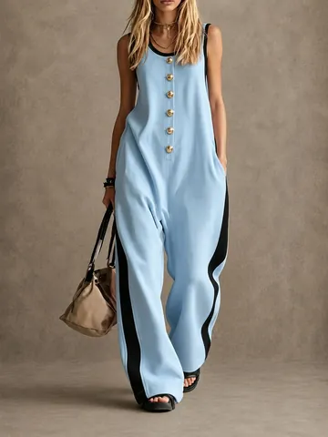 Women Fashion Sleeveless Round Neck Color Block Jumpsuit With Golden Buttons Decoration Casual Wide Leg Long Pant Jumpsuit