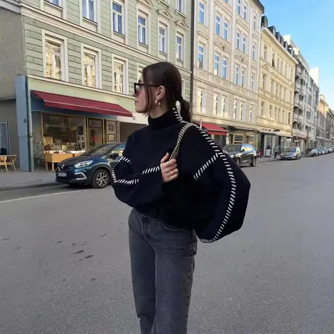 Damen Streetwear Kontrastnaht Rollkragenpullover Lässige Strick Langarm Pullover Herbst Winter Mode Strickoberteil Für Den Alltag