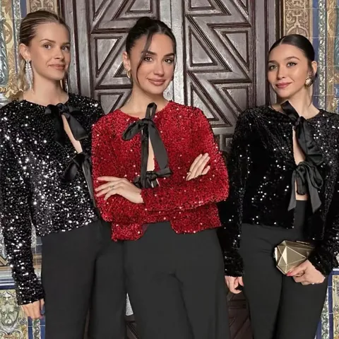 Chaqueta Corta de Lentejuelas Brillantes con Lazo para Mujer Ropa de Abrigo Elegante para Fiesta Invierno Manga Larga Cuello Redondo Top