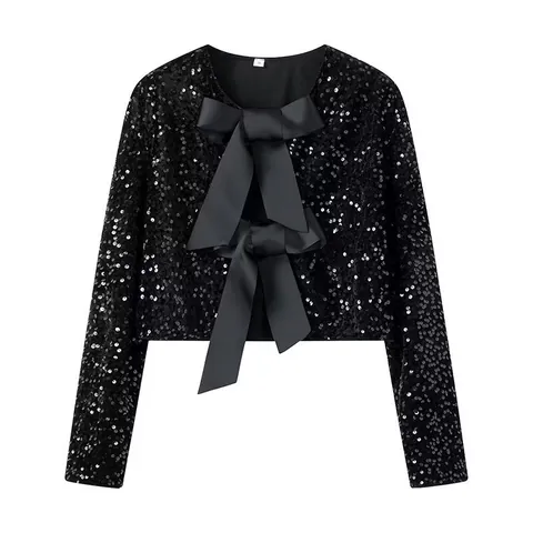 Women Elegant Sequined Bow Cropped Jacket Long Sleeve Round Neck Sparkling Bolero Top For Party Evening Lady White Black