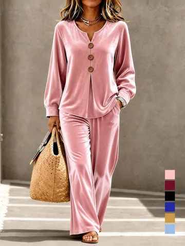 Women Velvet Casual Top And Bottom Two Piece Set V Neck Button Long Sleeve Shirt With Wide Leg Pants Lounge Wear