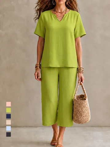 Completo Donna Minimalista Camicia Manica Corta Scollo a V e Pantaloni Gamba Larga Vita Elastica Tinta Unita Casual Elegante Sopra e Sotto