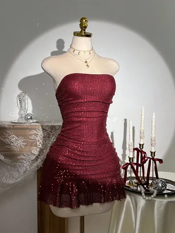Damen Trägerloses Pailletten Minikleid Elegantes Figurbetontes Gerafftes Bankettkleid Mit Rüschensaum Top And Bottom Partykleid