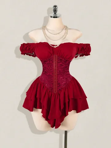 Off Shoulder Jacquard Patchwork Ruffle Chiffon Mini Dress Layered Hem A-Line Corset Style Elegant Sexy Party Dress