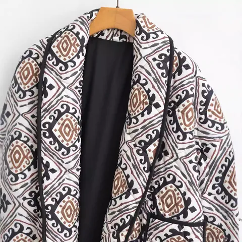 Women Vintage Ethnic Geometric Print Quilted Padded Jacket Fashion Small Stand Collar Fake Two Piece Coat Warm Outwear Top