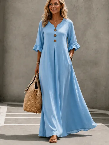 Vestido Maxi de Mujer Cuello en V Manga con Volantes Color Sólido Vestido Swing Holgado Con Bolsillos Retro Bohemio Vestido Largo