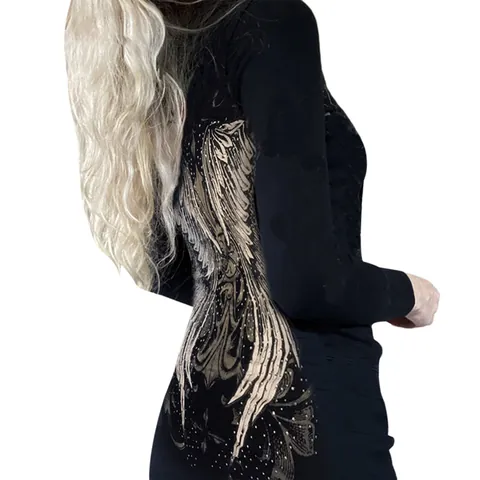 T-Shirt Donna Casual Vestibilità Aderente Con Cappuccio Manica Lunga Cerniera Stampa Ali Angelo Nero Top Pendolare