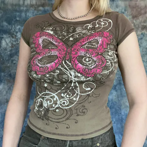 Maglietta Corta da Donna Slim Fit con Stampa Farfalla Y2K Girocollo Manica Corta Poliestere Urban Casual Top