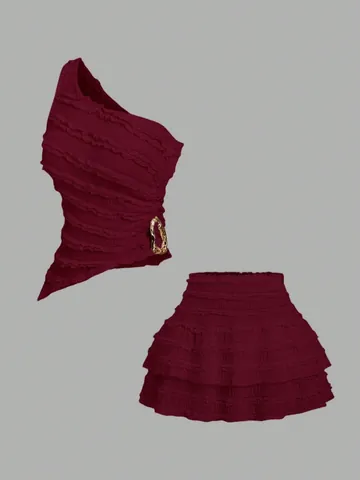 Women One Shoulder Smocked Top And Ruffled Tiered Mini Skirt Set Pleated Fabric Party Outfits Top And Bottom