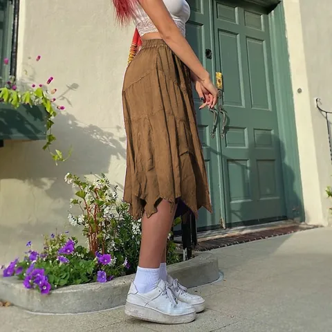 Gonna Midi da Donna Casual in Cotone Lavato Con Orlo Irregolare Gonna Boemia Tinta Unita a Strati Vita Elastica Retrò Vacanza