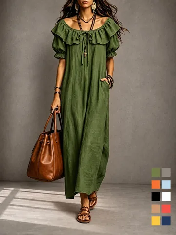 Vestido Maxi Bohemio con Cuello de Volantes y Manga Mariposa para Mujer Elegante Vestido Largo Plisado para Vacaciones