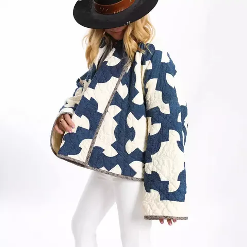 Women Fashion Printed Quilted Kimono Jacket Long Sleeve Open Front Geometric Pattern Cotton Padded Coat Casual Outerwear