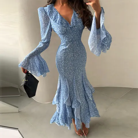 Women Summer Floral Print Doll Collar Flare Sleeve Dress Elegant Ruffle Trim High Waist Slim Maxi Fishtail Dress Date Light Blue