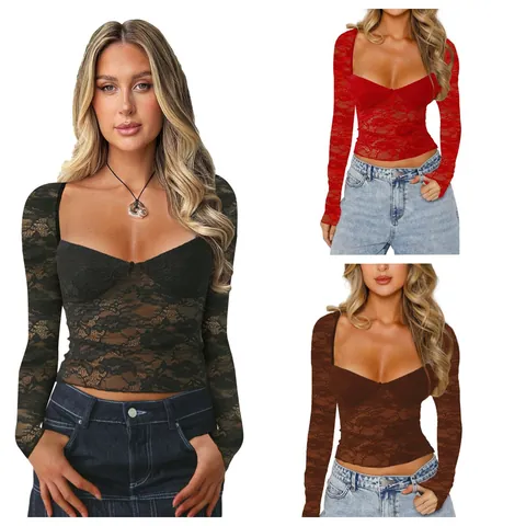Women Sexy Lace Long Sleeve Crop Top V-Neck Hollow Out Slim Fit Intellectual Style T-Shirt Top For Summer