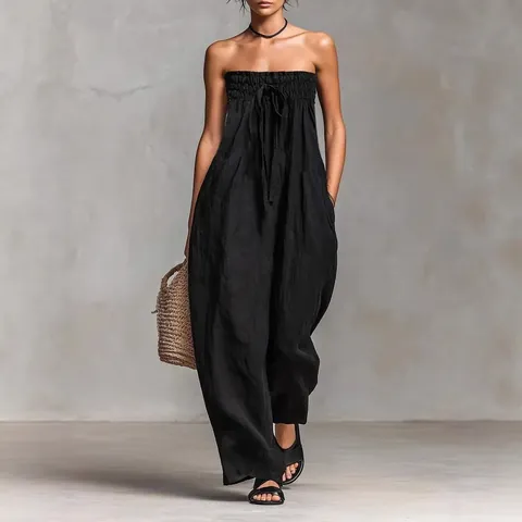 Women Strapless Tube Top Smocked Jumpsuit Wide Leg Printed Front Tie Casual Holiday Loose Long Jumpsuit Jumper Romper