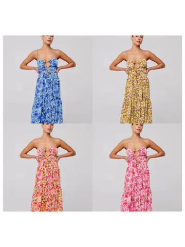 Vestito Maxi Bohémien da Donna a Stampa Floreale Spalline Sottili Livelli Estate Spiaggia Vacanze Vestito Cavo Con Lacci