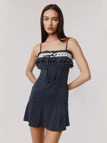 Vestito Mini da Donna Francese Retro a Pois Con Finitura in Pizzo Allacciato al Collo Spalline Sottili Fiocco Aderente Poliestere Abito Estivo