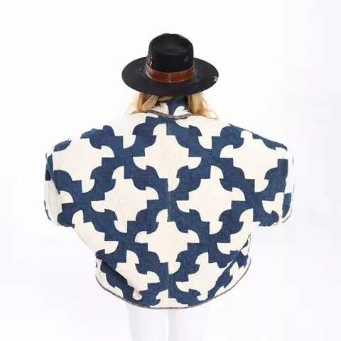 Women Fashion Printed Quilted Kimono Jacket Long Sleeve Open Front Geometric Pattern Cotton Padded Coat Casual Outerwear