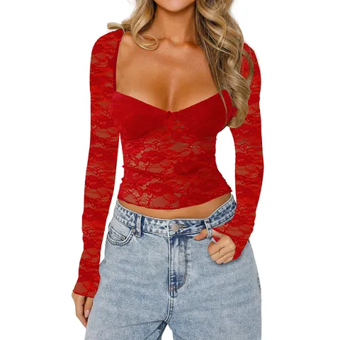 Women Sexy Lace Long Sleeve Crop Top V-Neck Hollow Out Slim Fit Intellectual Style T-Shirt Top For Summer