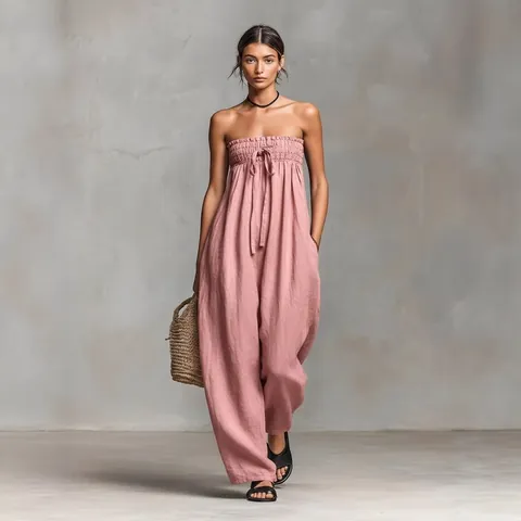 Women Strapless Tube Top Smocked Jumpsuit Wide Leg Printed Front Tie Casual Holiday Loose Long Jumpsuit Jumper Romper