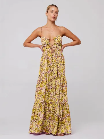 Vestito Maxi Bohémien da Donna a Stampa Floreale Spalline Sottili Livelli Estate Spiaggia Vacanze Vestito Cavo Con Lacci