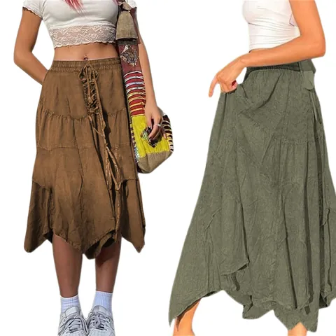 Gonna Midi da Donna Casual in Cotone Lavato Con Orlo Irregolare Gonna Boemia Tinta Unita a Strati Vita Elastica Retrò Vacanza