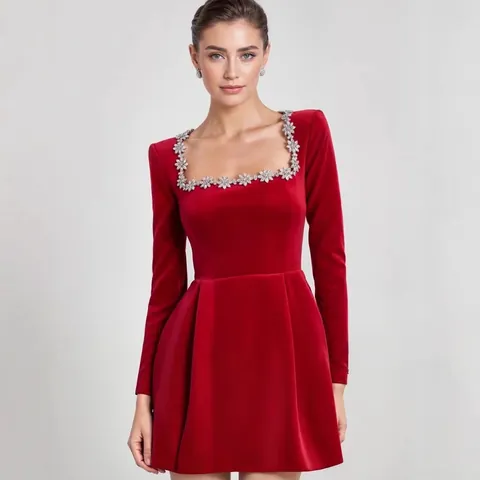 Robe Mini Élégante en Velours à Manches Longues pour Femmes Col Carré Perlé Robe de Soirée Trapèze Slim Rétro