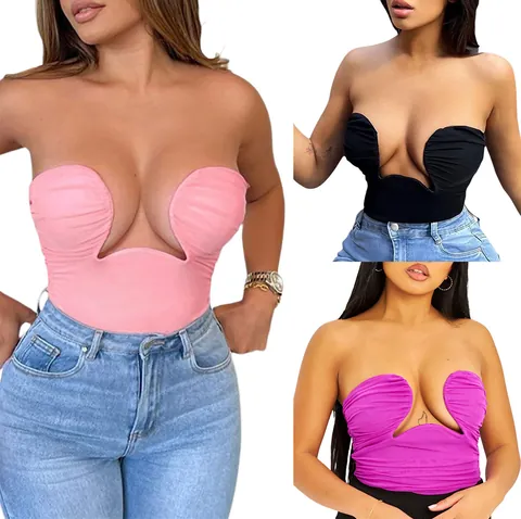 Women Sexy Slim Fit Tube Top Summer Solid Color Ruched V-Cut Backless Tank Top Y2K Fashion Sleeveless Pullover Top Clubwear