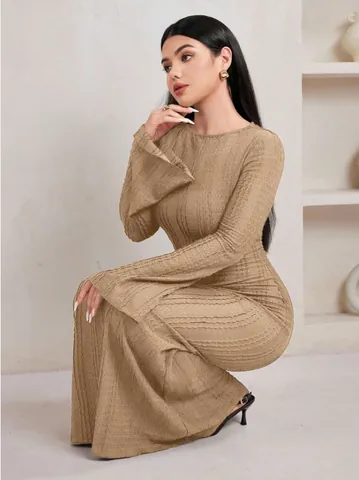 Robe Sirène en Tricot Jacquard pour Femmes Coupe Ajustée Élégante Manche Cloche Couleur Unie Col Rond Robe Longue de Soirée