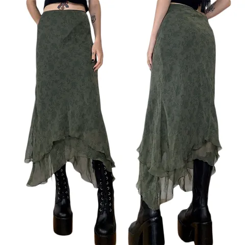 Women Dark Green Polyester Chiffon Irregular Layered Midi Skirt Gothic Retro Floral Printed High Waist Asymmetric Long Skirt