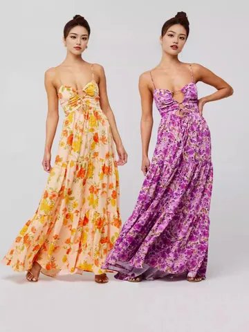 Abito Maxi Donna Boho Stampa Floreale Spalline Sottili Lacci Intaglio Patchwork Balze Vestito Estivo Spiaggia Vacanza