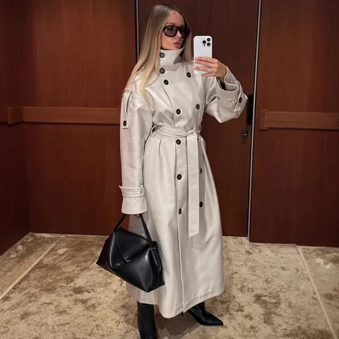 Women British Style Long Trench Coat Elegant Double Breasted Tie Waist Solid Beige Windbreaker Outerwear Top For Autumn Winter
