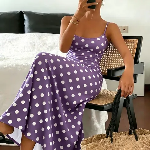 Women Polka Dot Print Maxi Dress Elegant Cami Sleeveless Sexy Slim Fit Summer Beach Casual Party Polyester Long Dress