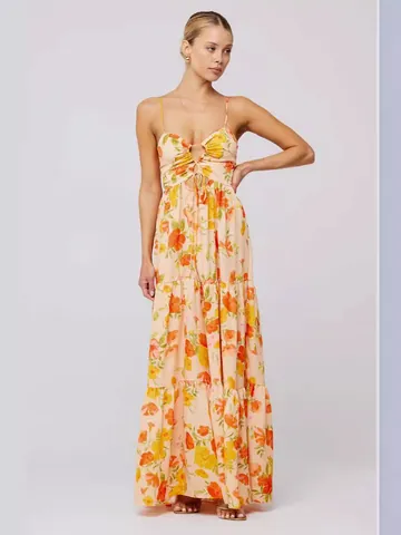 Abito Maxi Donna Boho Stampa Floreale Spalline Sottili Lacci Intaglio Patchwork Balze Vestito Estivo Spiaggia Vacanza
