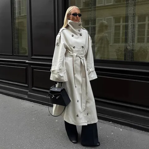 Women British Style Long Trench Coat Elegant Double Breasted Tie Waist Solid Beige Windbreaker Outerwear Top For Autumn Winter