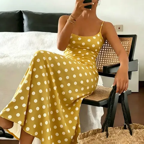 Women Polka Dot Print Maxi Dress Elegant Cami Sleeveless Sexy Slim Fit Summer Beach Casual Party Polyester Long Dress