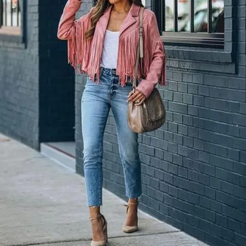 Women Bohemian Western Fringe Jacket Polyester Faux Suede Tassel Long Sleeve Slim Fit Cropped Outerwear Coat For Streetwear