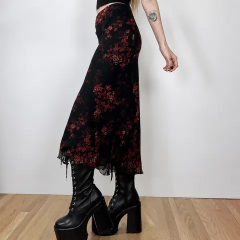 Gonna Midi da Donna in Stile Etnico Vintage con Stampa Floreale Rossa in Poliestere Aderente per Pendolari