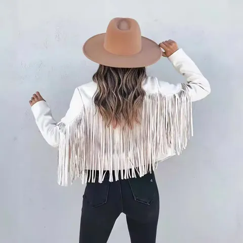 Women Bohemian Western Fringe Jacket Polyester Faux Suede Tassel Long Sleeve Slim Fit Cropped Outerwear Coat For Streetwear