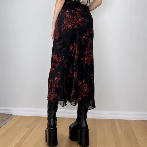 Gonna Midi da Donna in Stile Etnico Vintage con Stampa Floreale Rossa in Poliestere Aderente per Pendolari