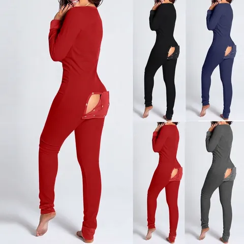 Pijama de Pelele Informal de Poliéster para Mujer de Manga Larga con Solapa Funcional con Botones