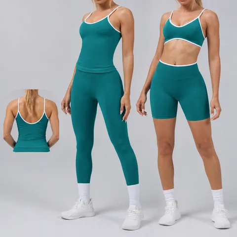 Women's Seamless Yoga Suit Set Contrast Binding Open Back Sports Bra And High Waist Shorts Top And Bottom Gym Activewear