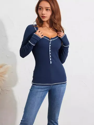 Maglietta da Donna in Maglia Henley Slim Fit a Costine con Cuciture a Contrasto e Bottoni Top Casual a Manica Lunga