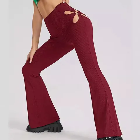 Pantaloni a Zampa da Donna a Costine con Intaglio a Vita Alta Eleganti Pendolare Anello in Metallo Sexy Street Style Slim