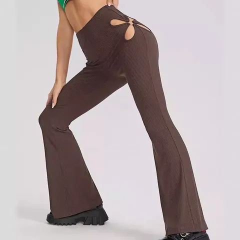 Pantaloni a Zampa da Donna a Costine con Intaglio a Vita Alta Eleganti Pendolare Anello in Metallo Sexy Street Style Slim