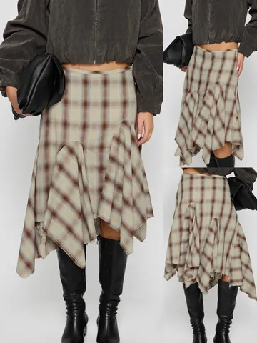 Damen Karo Patchwork Asymmetrischer Saum Midi Rock Hohe Taille Eleganter Bedruckter Rock Büro Stil Casual Fashion Bottoms