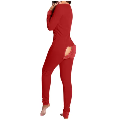 Pijama de Pelele Informal de Poliéster para Mujer de Manga Larga con Solapa Funcional con Botones