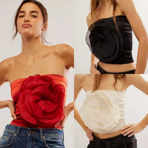 Women Sexy Strapless Tube Top 3D Large Flower Crop Top Slim Fit Sleeveless Party Clubwear Satin Polyester Top