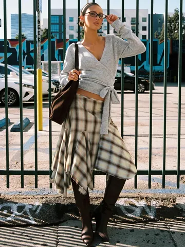 Damen Karo Patchwork Asymmetrischer Saum Midi Rock Hohe Taille Eleganter Bedruckter Rock Büro Stil Casual Fashion Bottoms